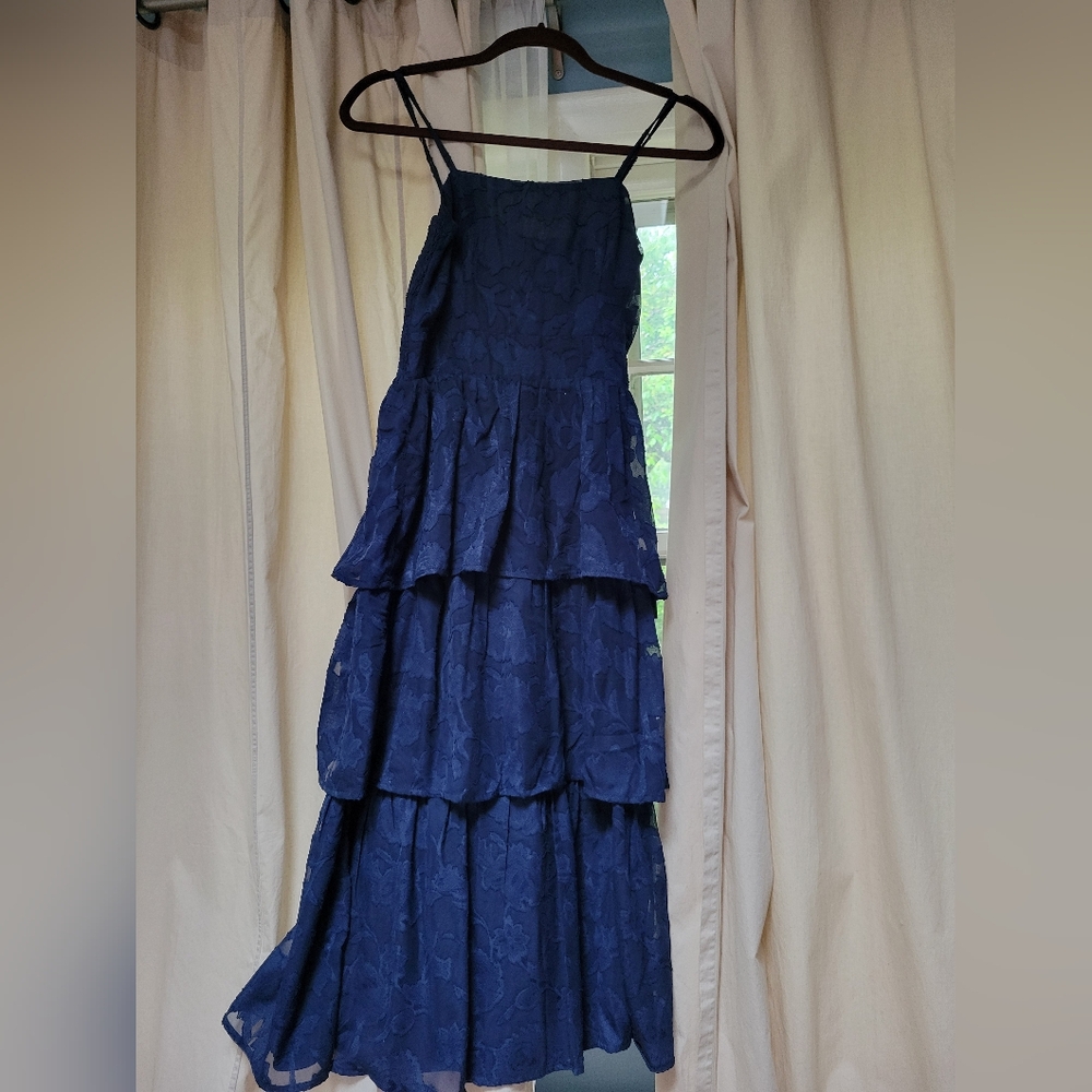 Lulus Grace and Beauty Navy Blue Burnout Floral Print Tiered Dress XS